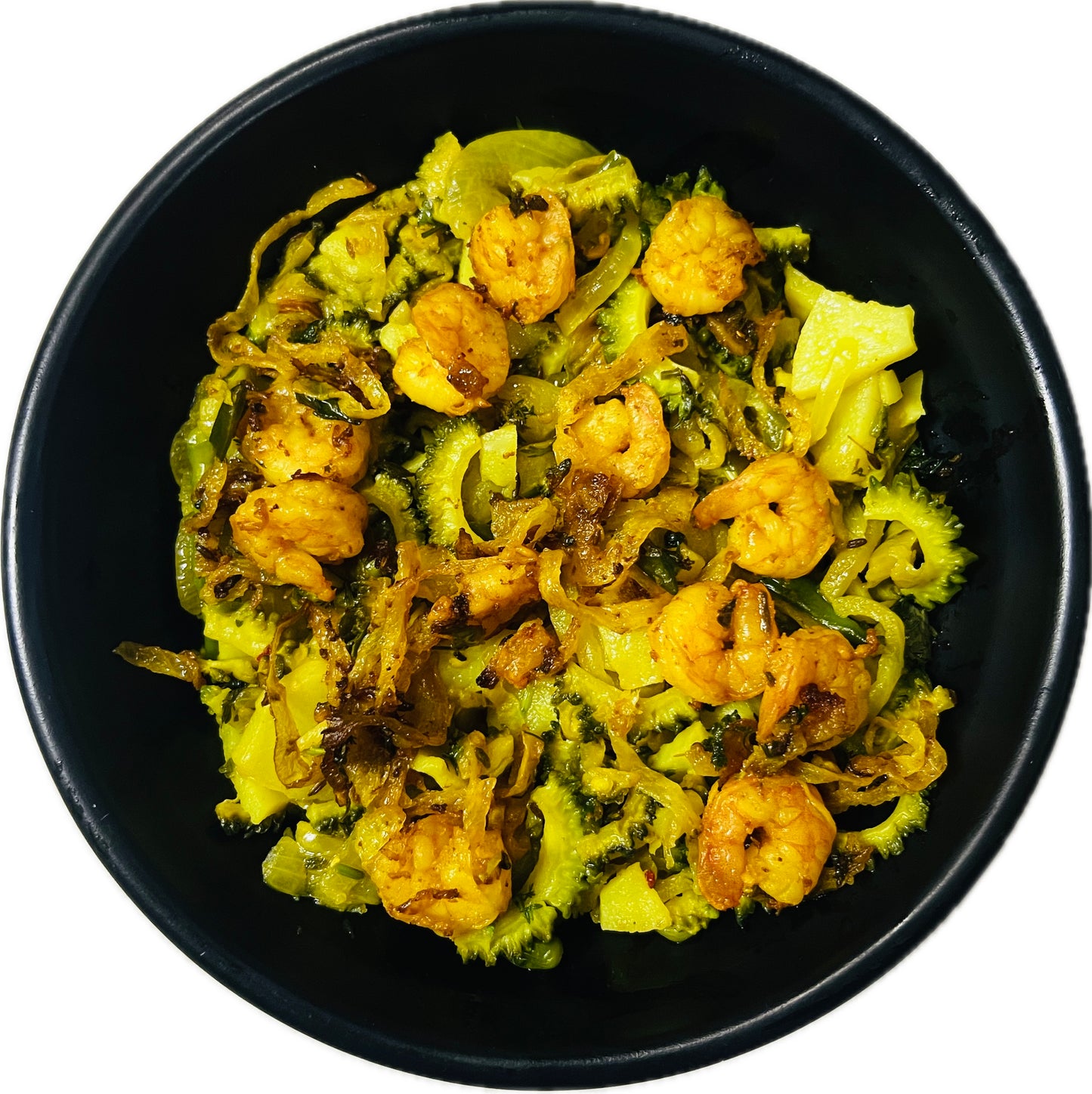 Karela (bitter gourd) with potato and shrimp (3-4 servings)
