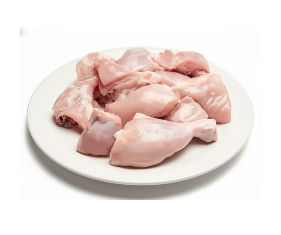 Raw chicken pieces on a white plate with a white background