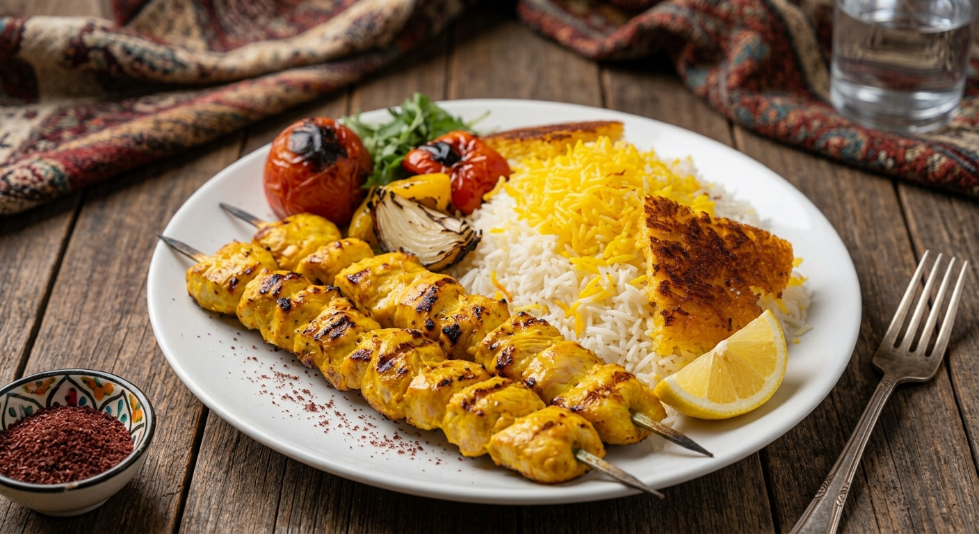 Chicken Tenderloin Joojeh Kebab with Persian Rice and grilled vegetables