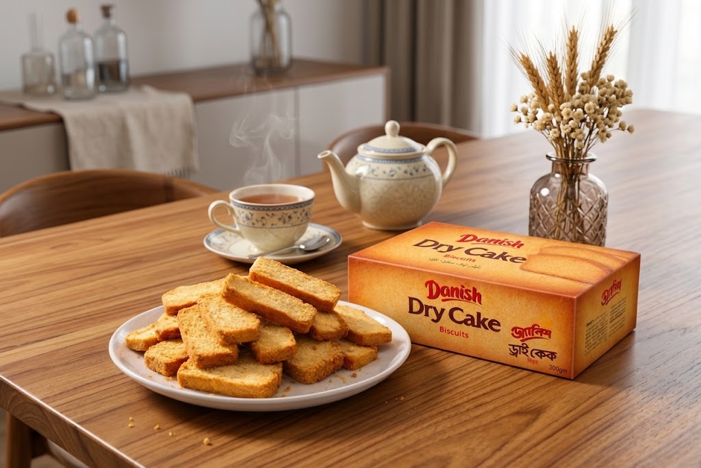 A box of Danish Dry Cake biscuits sits on a wooden dining table next to a plate of baked biscuits and a teacup, with a teapot and dried wheat in a vase in the background.