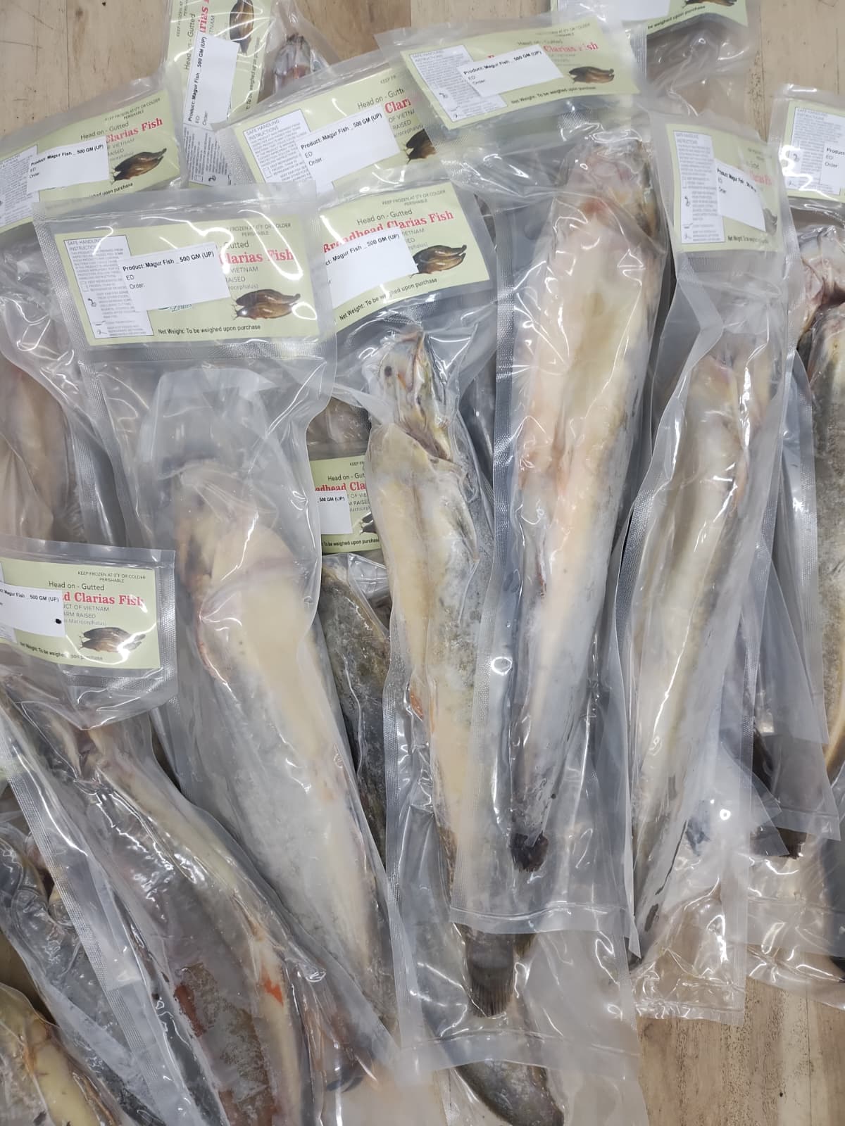 Multiple vacuum-sealed packages of Magur fish arranged on a light wood surface, with product labels visible on the plastic bags.