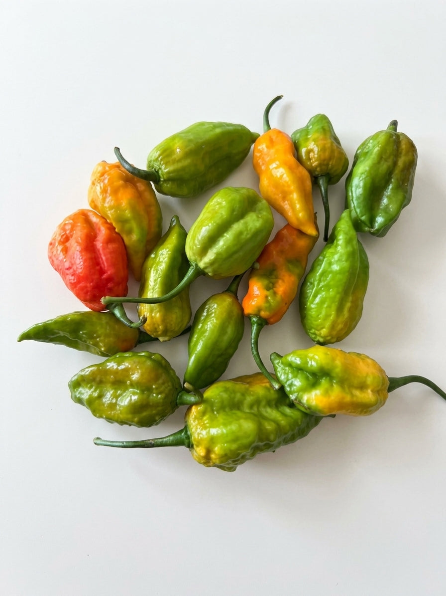 A cluster of small, wrinkled habanero peppers in various ripening stages, showing green, yellow, and red-orange colors, arranged on a plain white background.