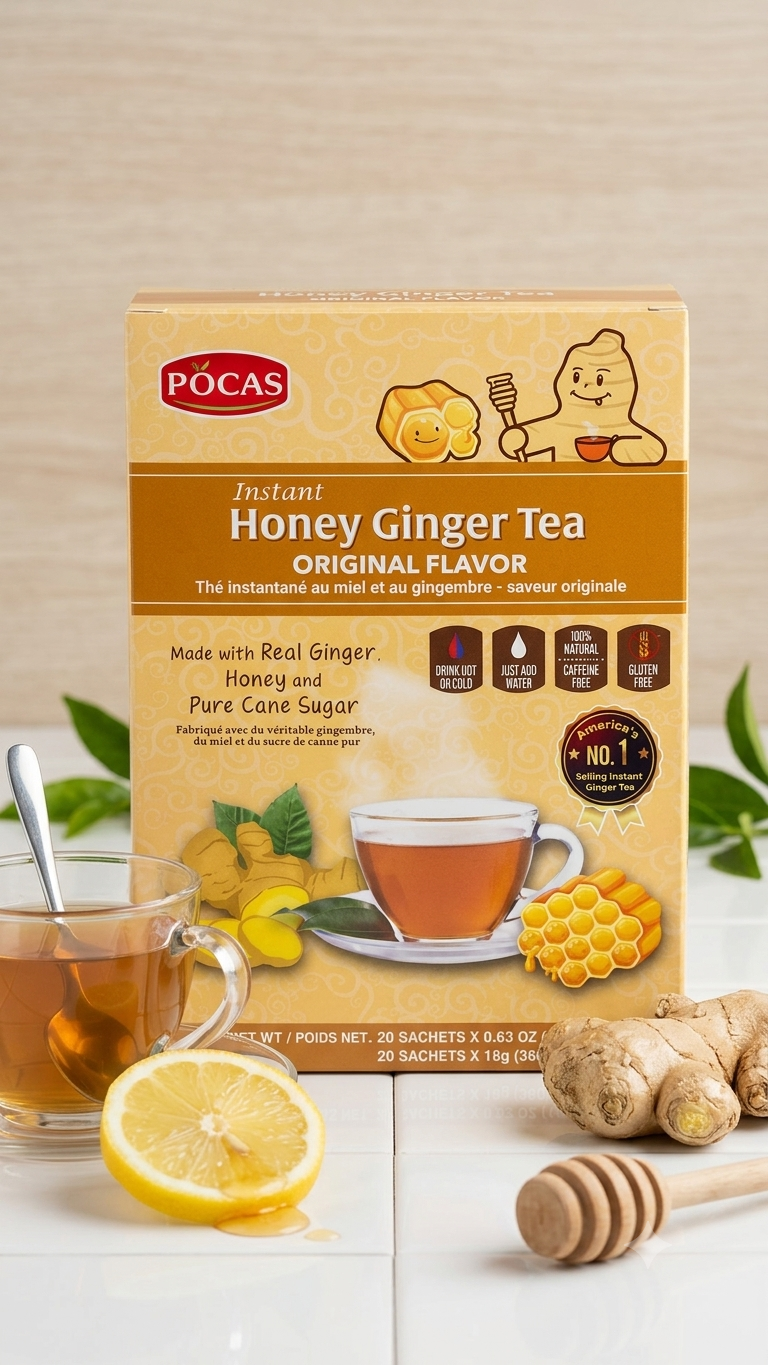Pocas Honey Ginger Tea packaging with a cup of tea, lemon, and ginger on a white surface.