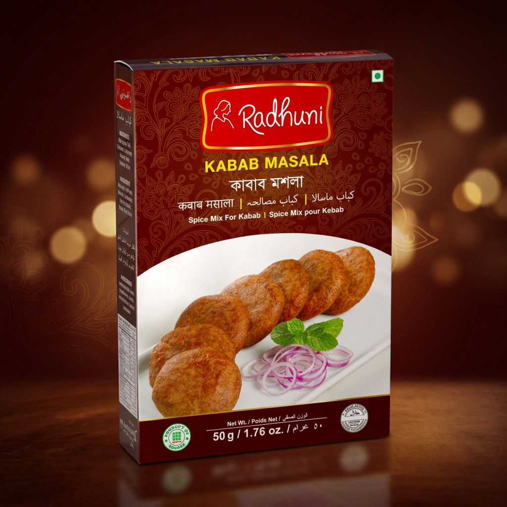 A package of Radhuni Kabab Masala with a clear window showing the kababs inside. The packaging is predominantly red and brown with a white plate of kababs and onions in the foreground.