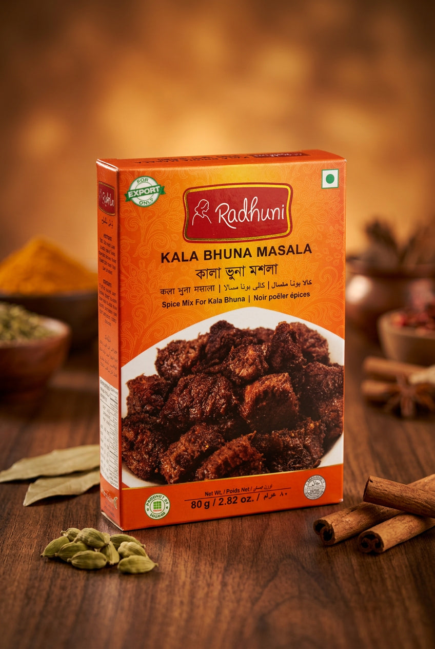 A box of Radhuni Kala Vuna Masala with a picture of the product on the front, which appears to be a jarred or canned vegetable dish.