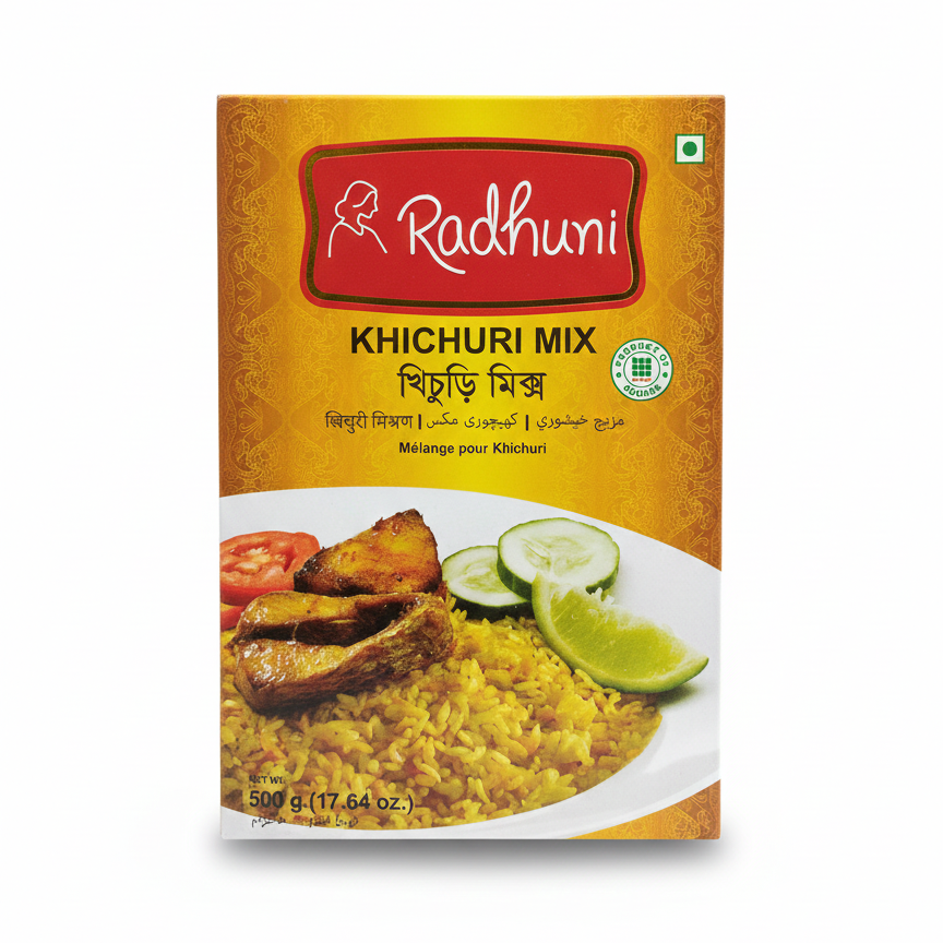 Radhuni Khichuri Mix packaging with a picture of food on a white background