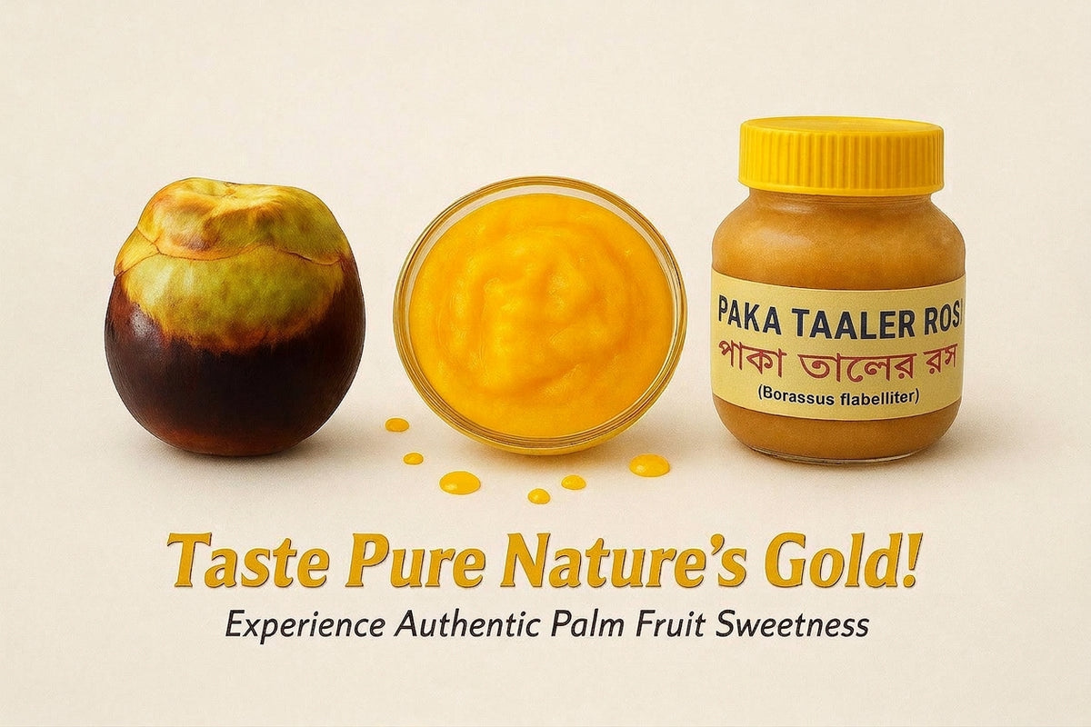 A jar of palm fruit paste labeled 'PAKA TALER ROS' stands next to a whole mangosteen and an open bowl of bright yellow paste on a light beige background, with promotional text below.