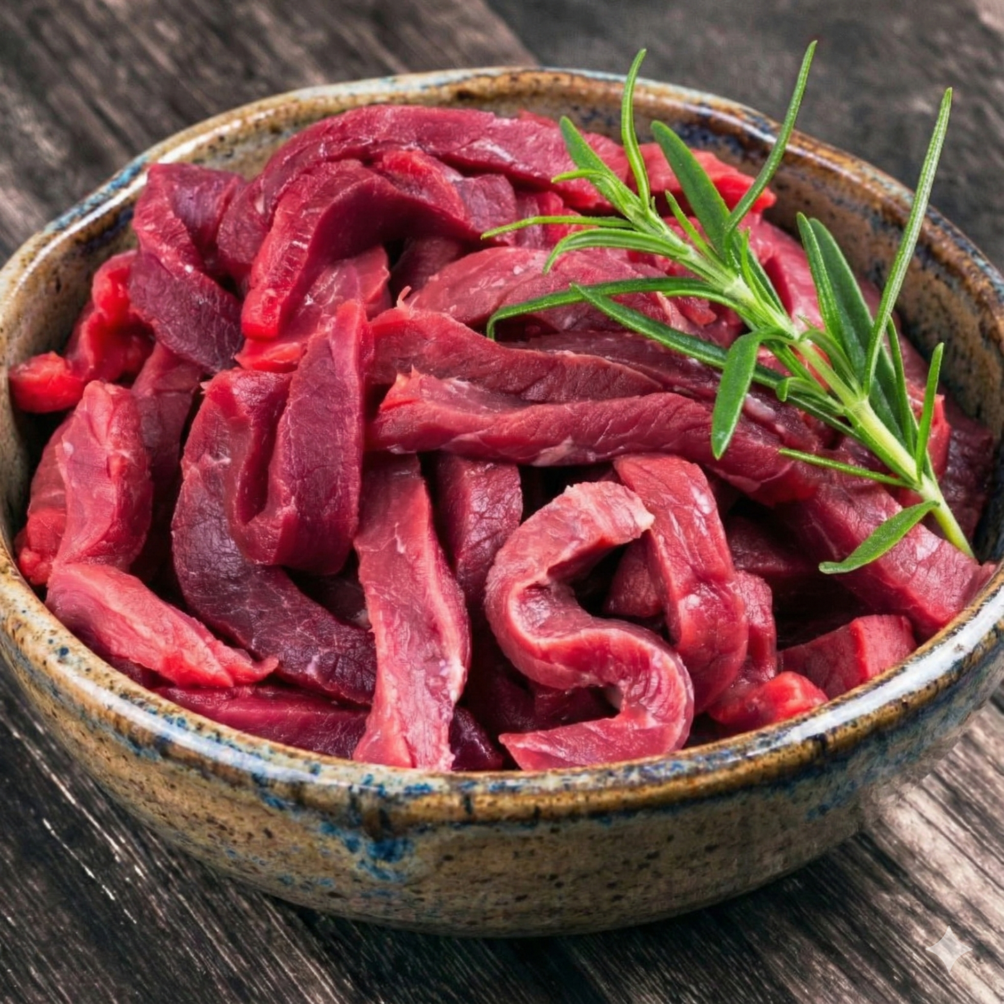 beef fajita strip slices in a bowl with rosemary on a wooden surface