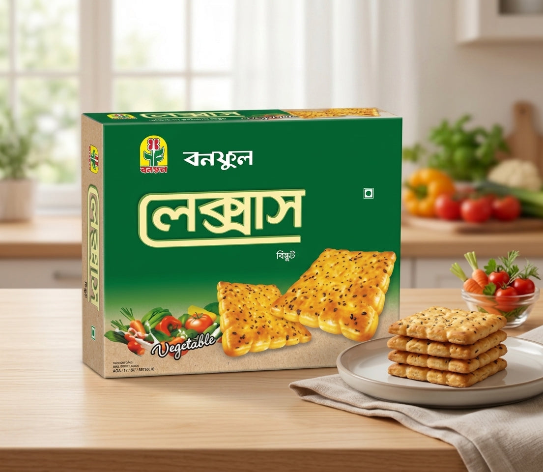 A box of Bonoful Lexus vegetable crackers sits on a wooden table in a bright kitchen setting, with a stack of crackers on a plate in the foreground.