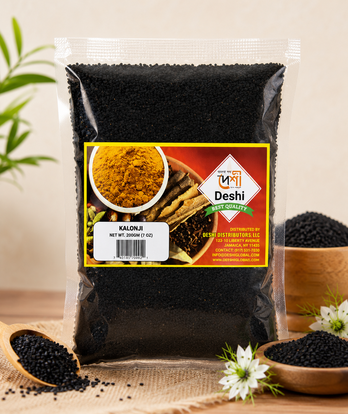 Packaged black seeds with a 'Deshi' label on a wooden surface.