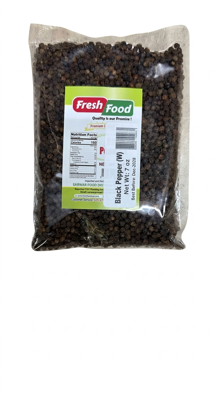 Bag of black pepper with a 'Fresh Food' label on a white background