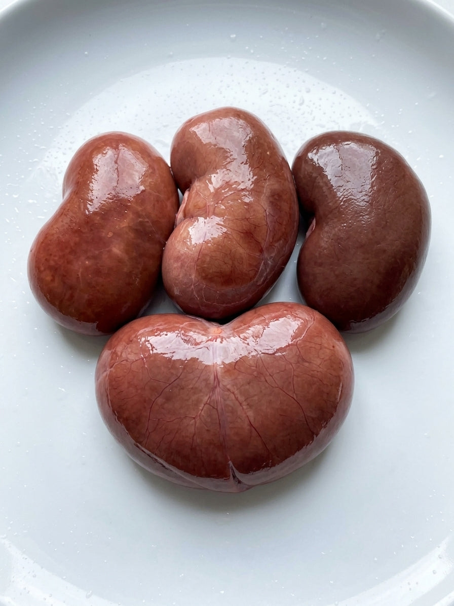 Four raw, glossy kidneys arranged on a white plate.