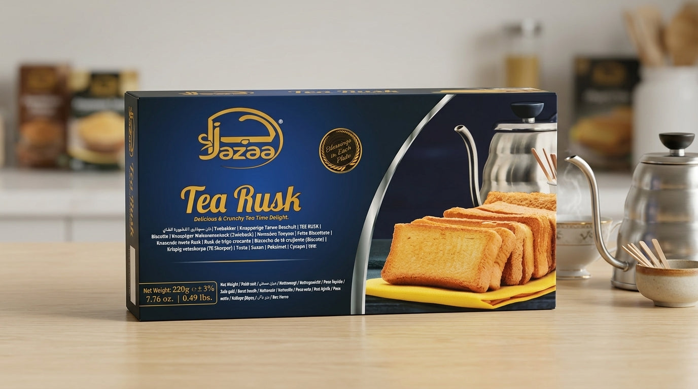 A box of Jazaa Tea Rusk cookies on a light wooden table, with a blurred kitchen background showing a teapot and jars.