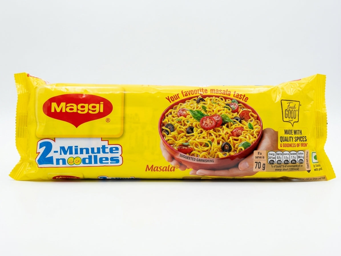 A 70g package of Maggi 2-Minute Noodles Masala on a clean white background. The packaging is bright yellow with the red Maggi logo and a picture of the prepared noodle dish.