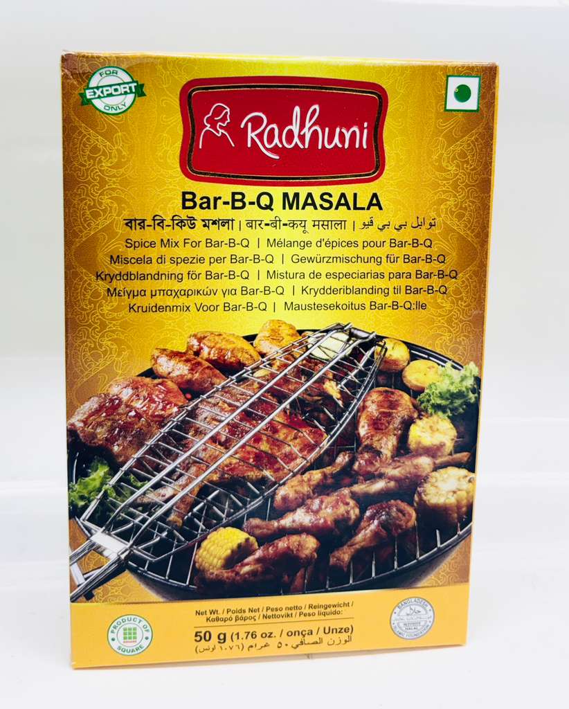 Box of Radhuni Bar-B-Q Masala spice mix with grill and food images on a white background
