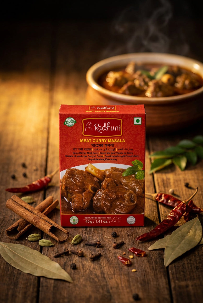 A red box of Radhuni Meat Curry Masala spice mix, featuring a photo of cooked meat curry on the front, with the brand name 'Radhuni' prominently displayed.