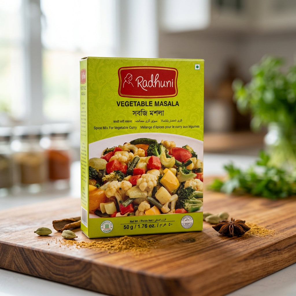 Box of Radhuni Vegetable Masala spice mix with a picture of vegetables on a white background