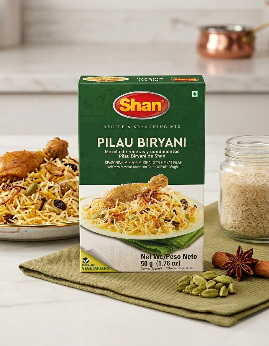 A box of Shan Pilau Biryani Recipe & Seasoning Mix is displayed on a green cloth next to a plated prepared dish, a jar of rice, and spices on a light marble surface.