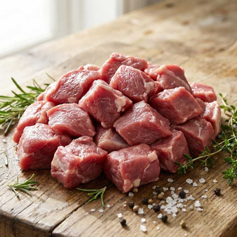 raw zabiha halal half lamb cubes piled on a rustic wooden cutting board, garnished with rosemary sprigs, coarse sea salt, and black pepper.