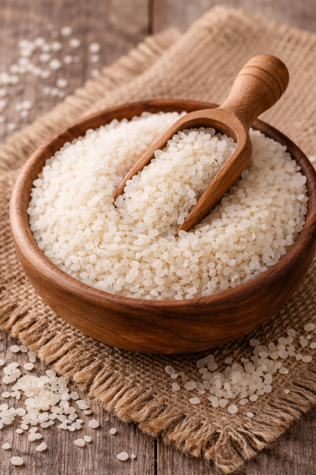 Wooden bowl filled with white rice on a rustic wooden surface