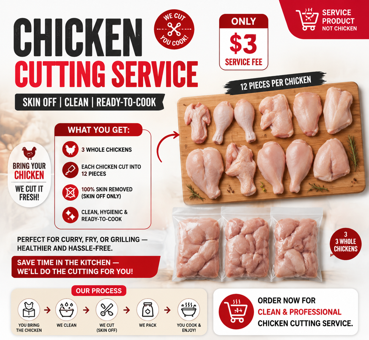 Chicken Cutting Service (Skin OFF) – 12 Pieces Cut for $3