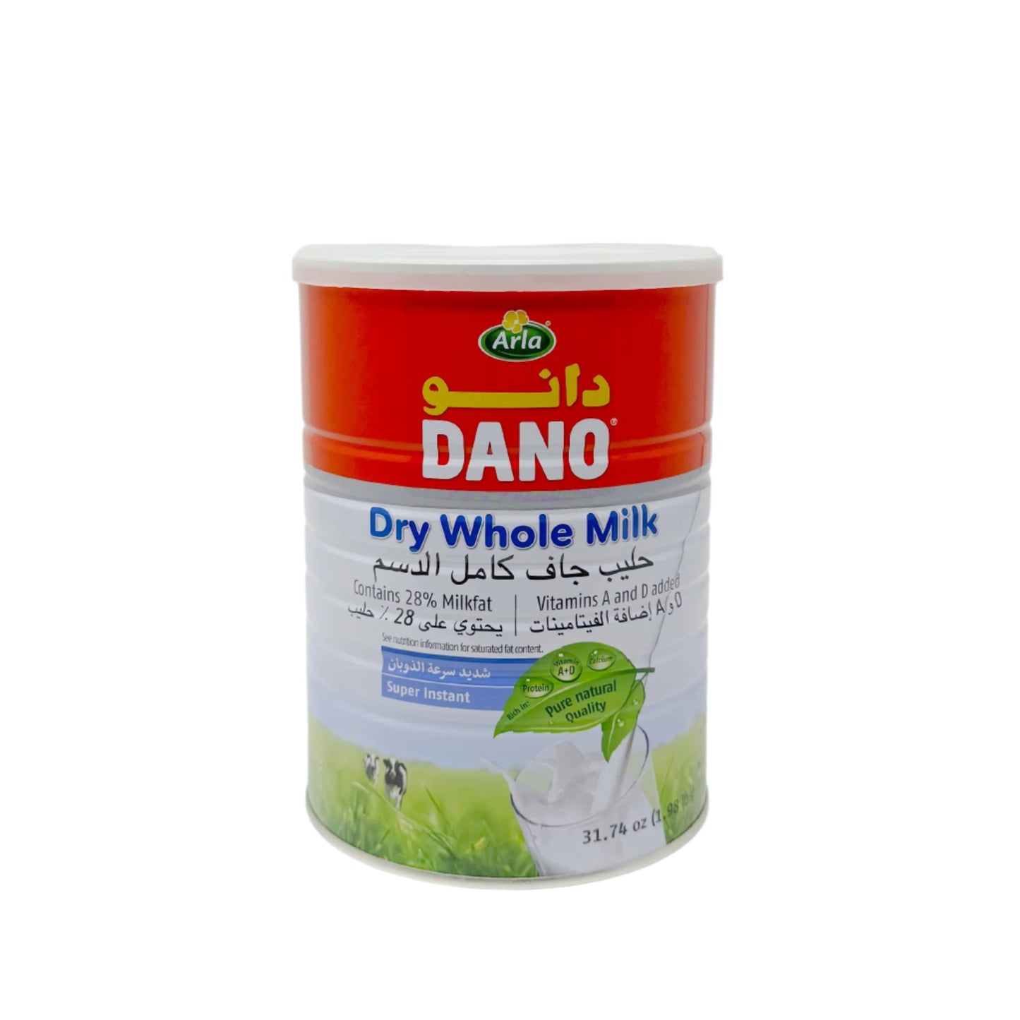 A can pot of Dano Dry Whole Milk Powder in a white background  