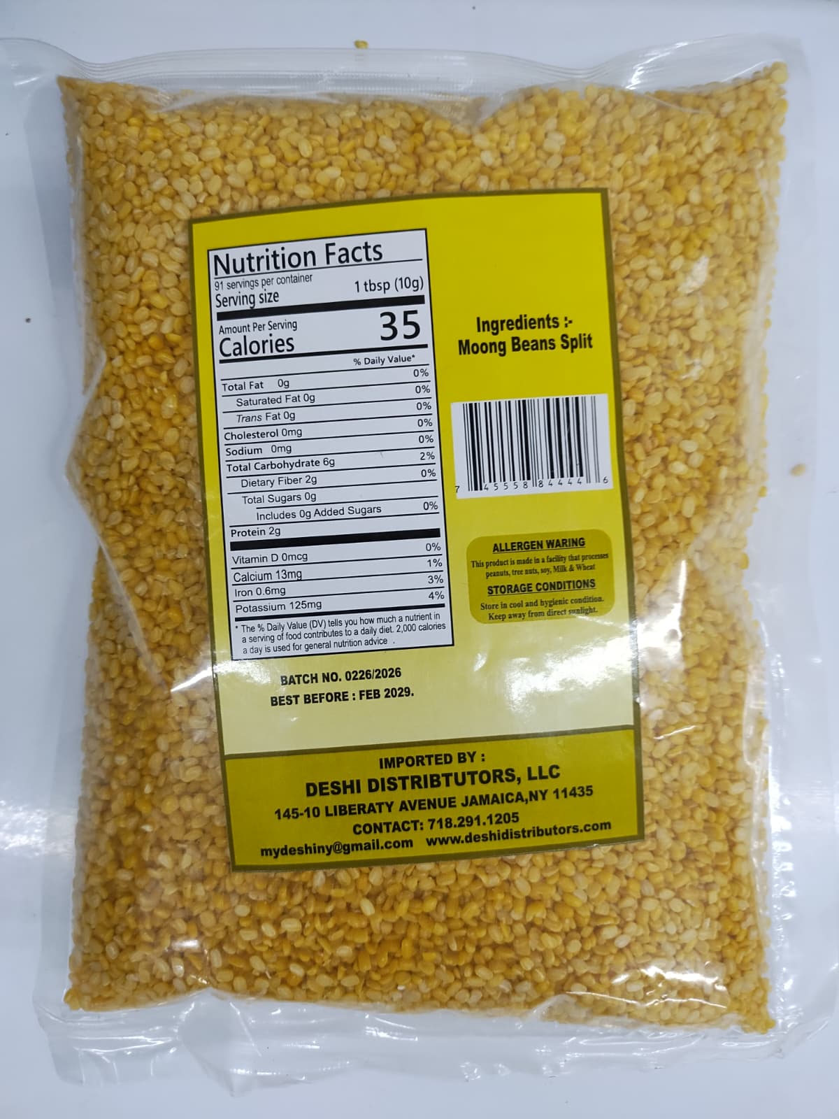 Bag of yellow moong dal with nutrition label on a white background