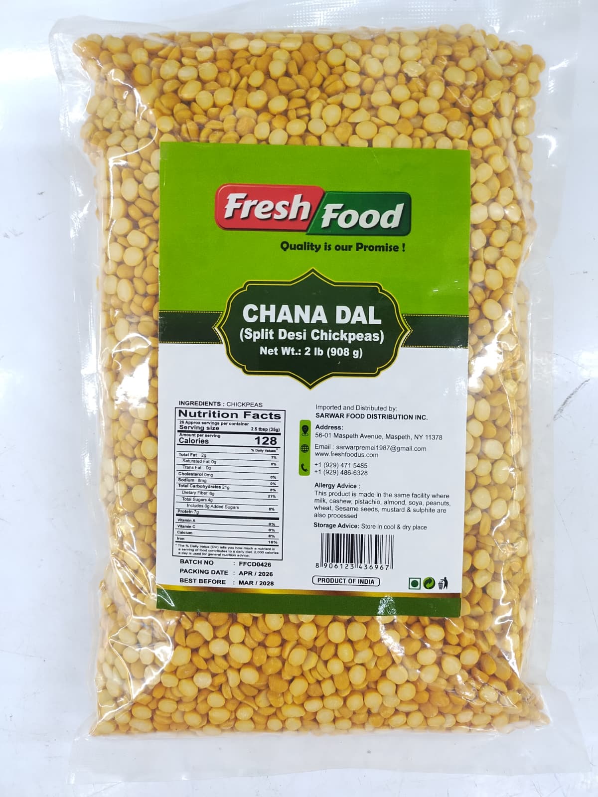 A 2 lb bag of Fresh Food Chana Dal (split desi chickpeas) in a clear plastic pouch with a green and white label, showing the yellow chickpeas inside.