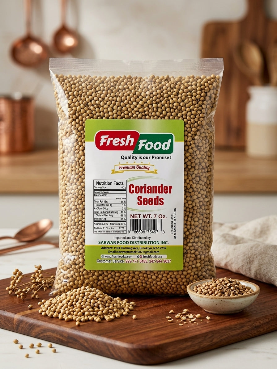 A 7 oz bag of Fresh Food Coriander Seeds on a wooden cutting board with scattered seeds and a small bowl, set against a blurred kitchen background.