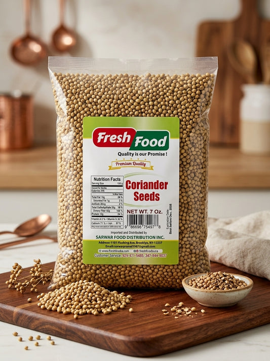 A 7 oz bag of Fresh Food Coriander Seeds on a wooden cutting board with scattered seeds and a small bowl, set against a blurred kitchen background.