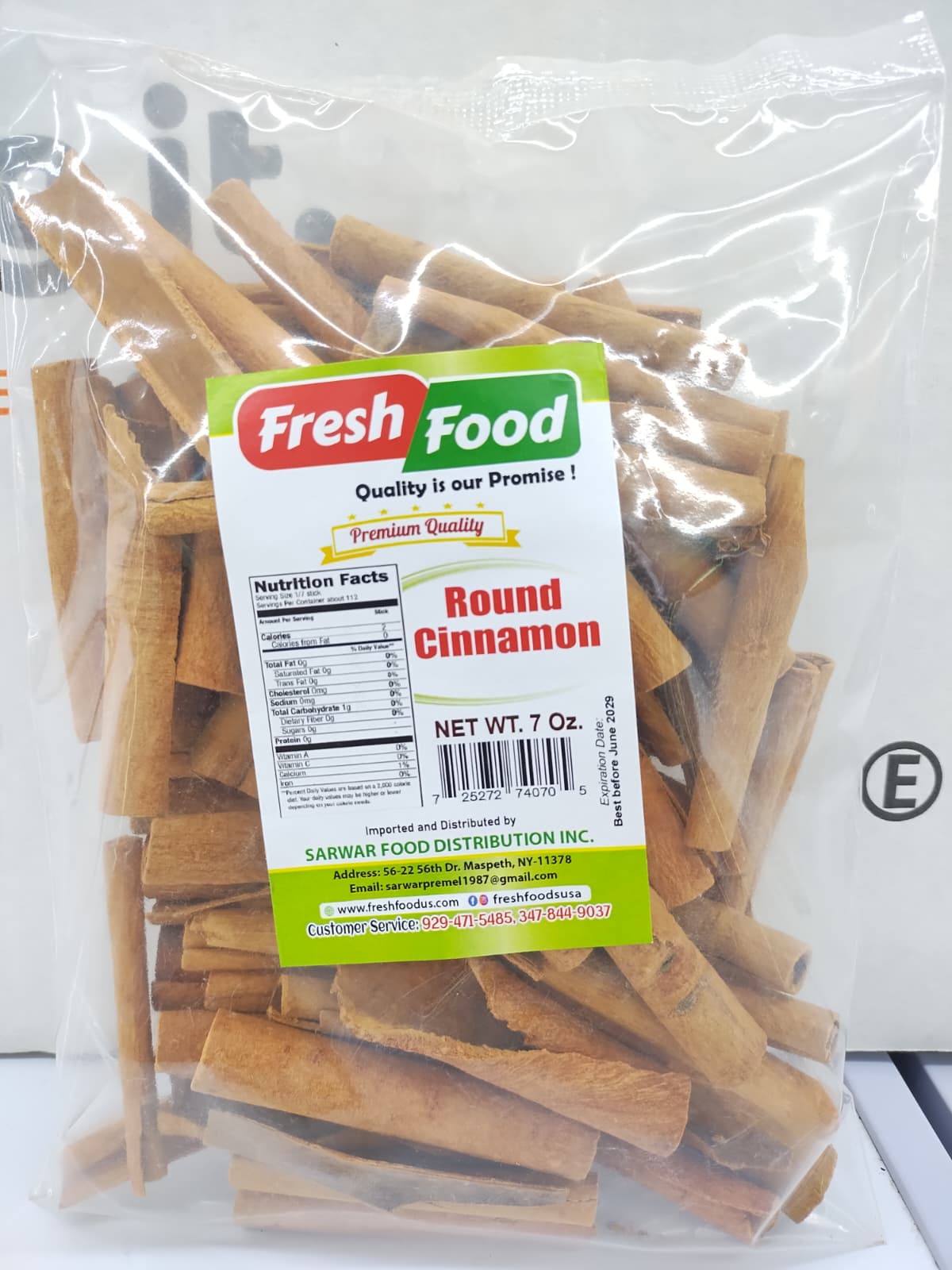 A 7 oz clear plastic bag of Fresh Food brand Round Cinnamon sticks, showing the cinnamon pieces inside and the product label on a white background.