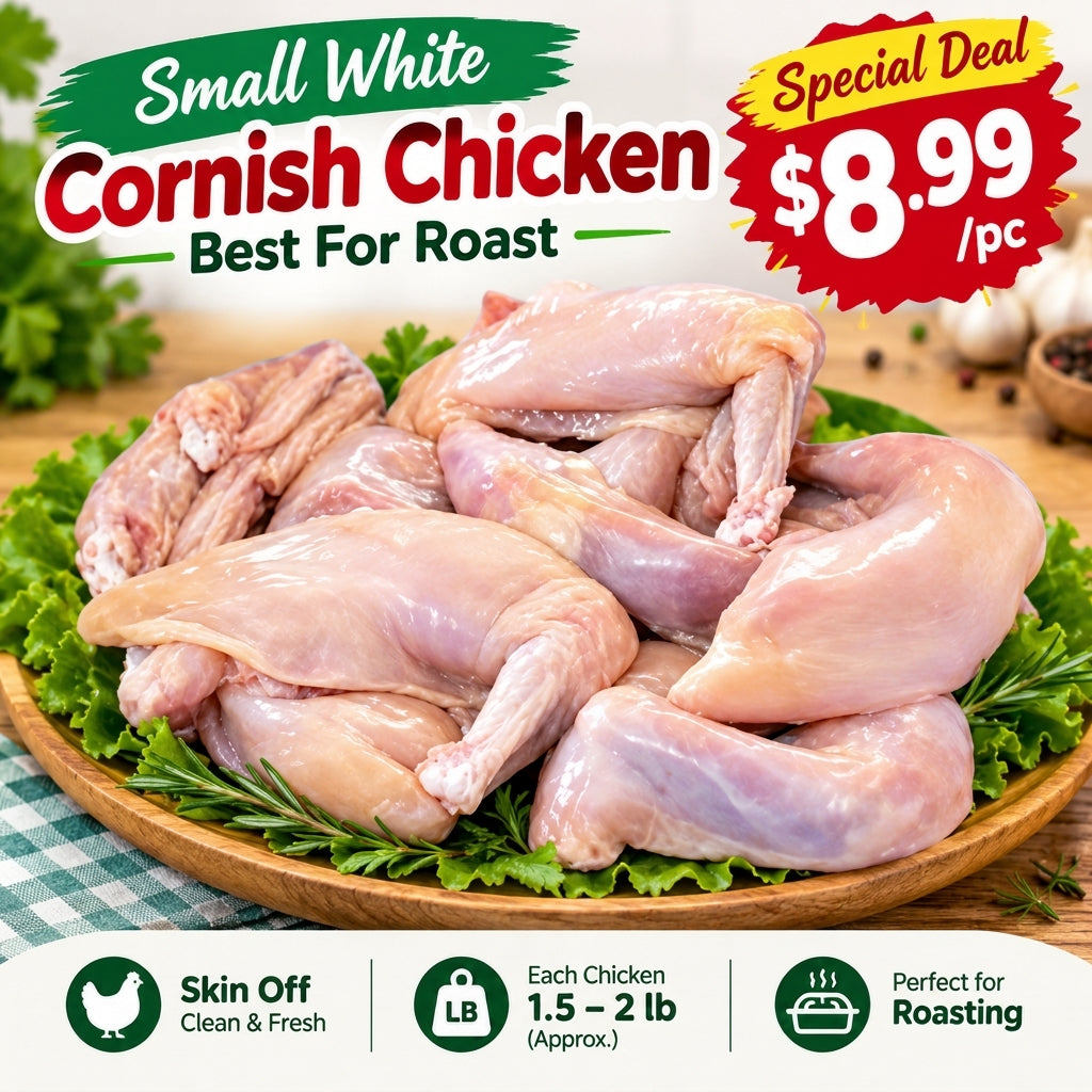 🔥 Small White Cornish Chicken – Skin Off, Cut into 4 Pieces | Best for Roasting | Special Deal $8.99/pc! 🔥-NYC
