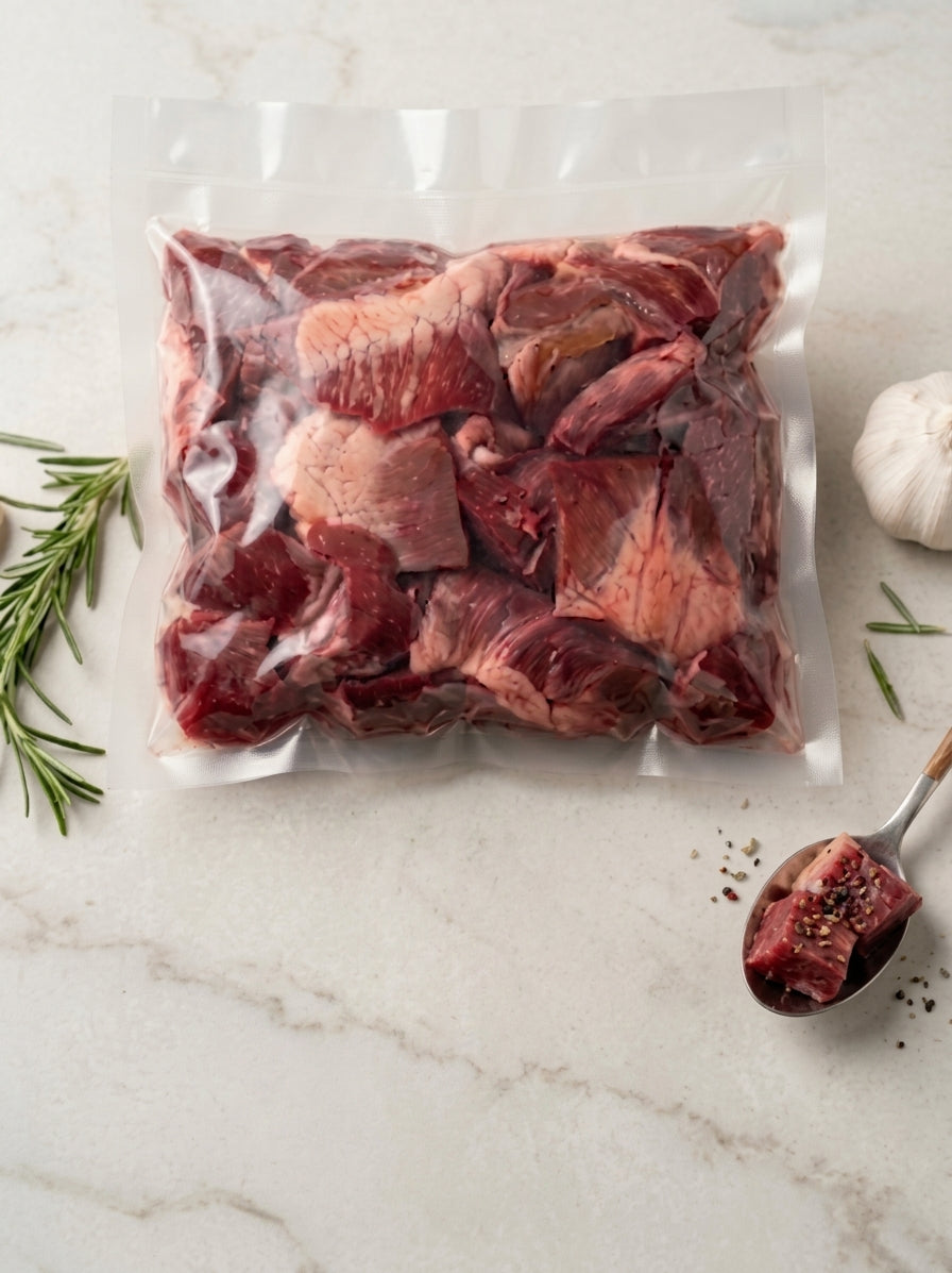 Vacuum-sealed package of raw goat heart chunks on a light marble surface, styled with rosemary sprigs, a garlic bulb, and a spoonful of seasoning.