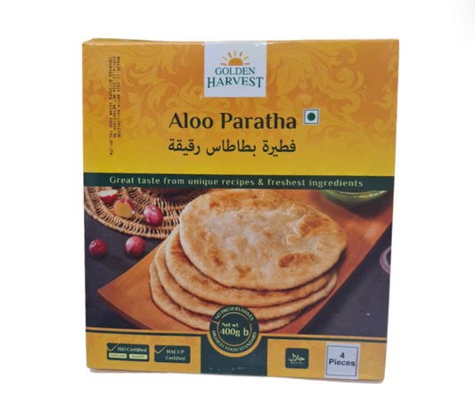 Box of Golden Harvest Aloo Paratha with images of parathas on a yellow background