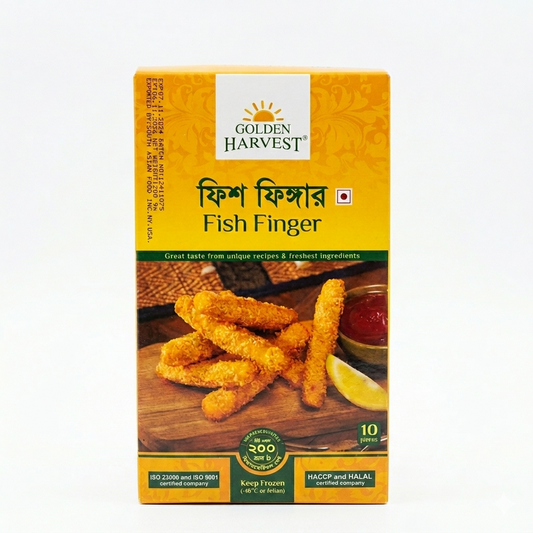 Box of Golden Harvest Fish Fingers on a white background