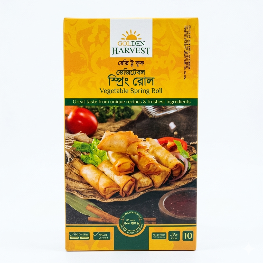 Box of Golden Harvest Vegetable Spring Roll with images of spring rolls and vegetables on a yellow background.