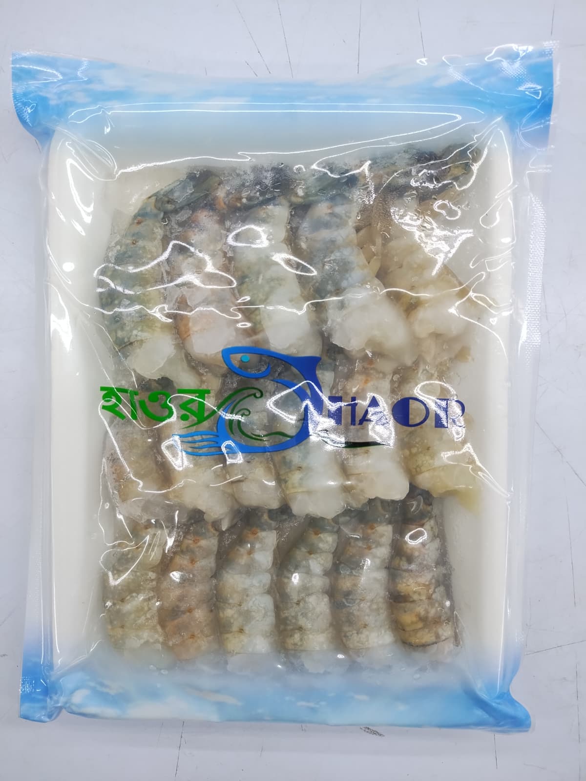 Packaged seafood in a clear plastic bag with a brand logo on a white background
