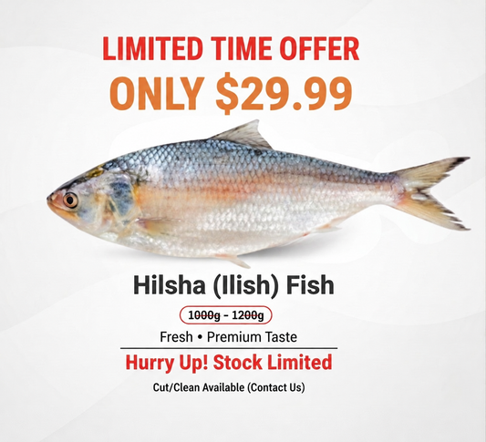A promotional graphic for fresh Hilsha (Ilish) fish, showing a whole fish on a white background with text offering it at only $29.99.