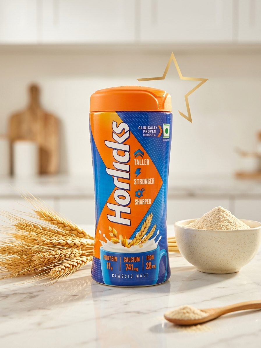 A container of Horlicks Taller Stronger Classic Malt powder stands on a marble countertop in a bright kitchen setting, surrounded by wheat stalks, a bowl of powder, and a wooden spoon. A gold star graphic floats above the container.