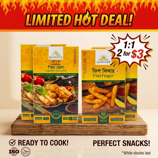 Golden Harvest Halal vegetable spring roll and fish finger snack boxes displayed on a wooden board with promotional text 'LIMITED HOT DEAL!' and '1:1 2 for $3'.