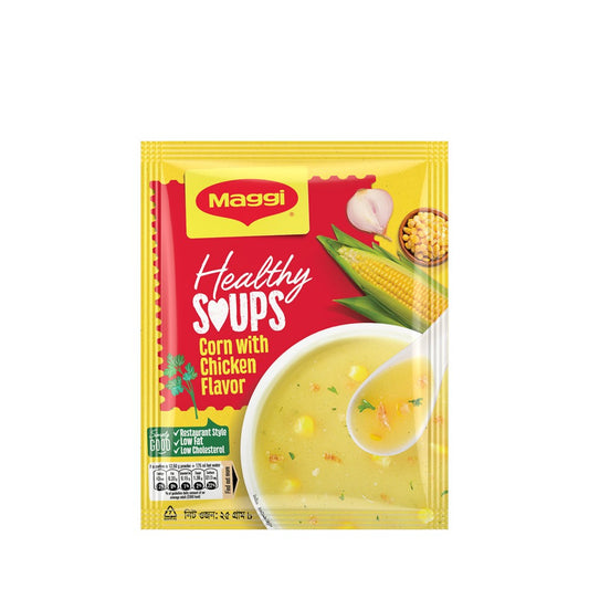 Maggi Healthy Soups Corn with Chicken Flavor packet on a white background