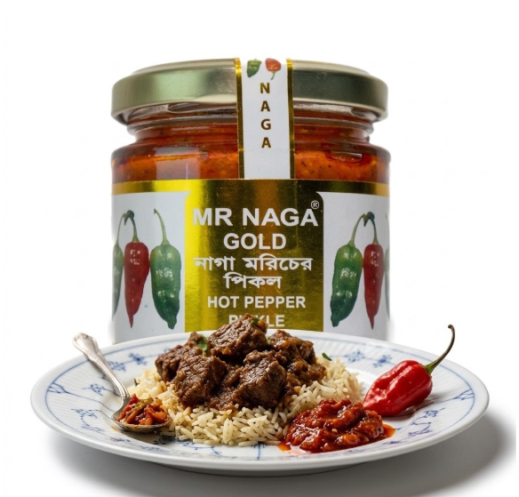 A jar of Mr. Naga Gold Hot Pepper Paste is shown with a plated serving of rice, cooked meat, and red pepper paste on a white background.