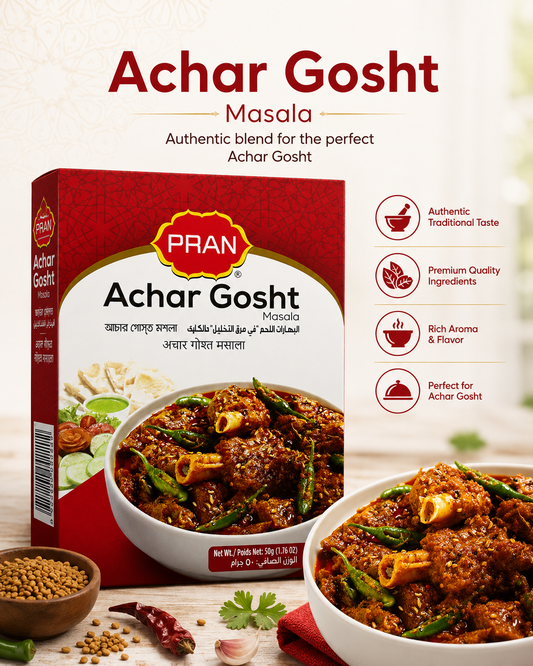 PRAN Achar Gosht Masala packaging with images of the dish and its ingredients on a white background.
