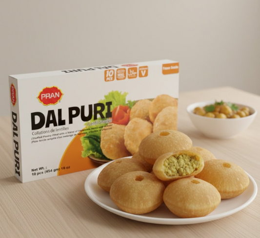 Pran Dal Puri packaging with a plate of dal puri on a wooden table.
