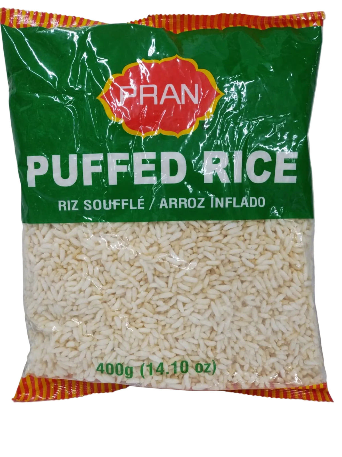 Bag of puffed rice with a green label and red border on a white background