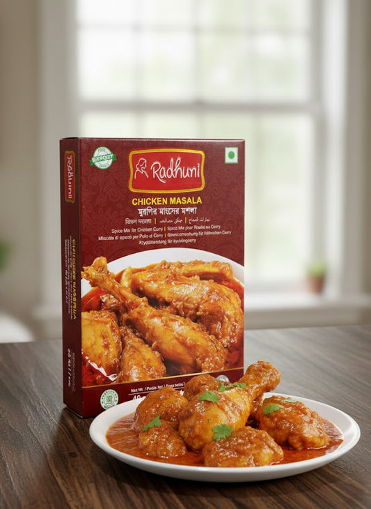Box of Radhuni Chicken Masala with a plate of chicken curry on a wooden table.