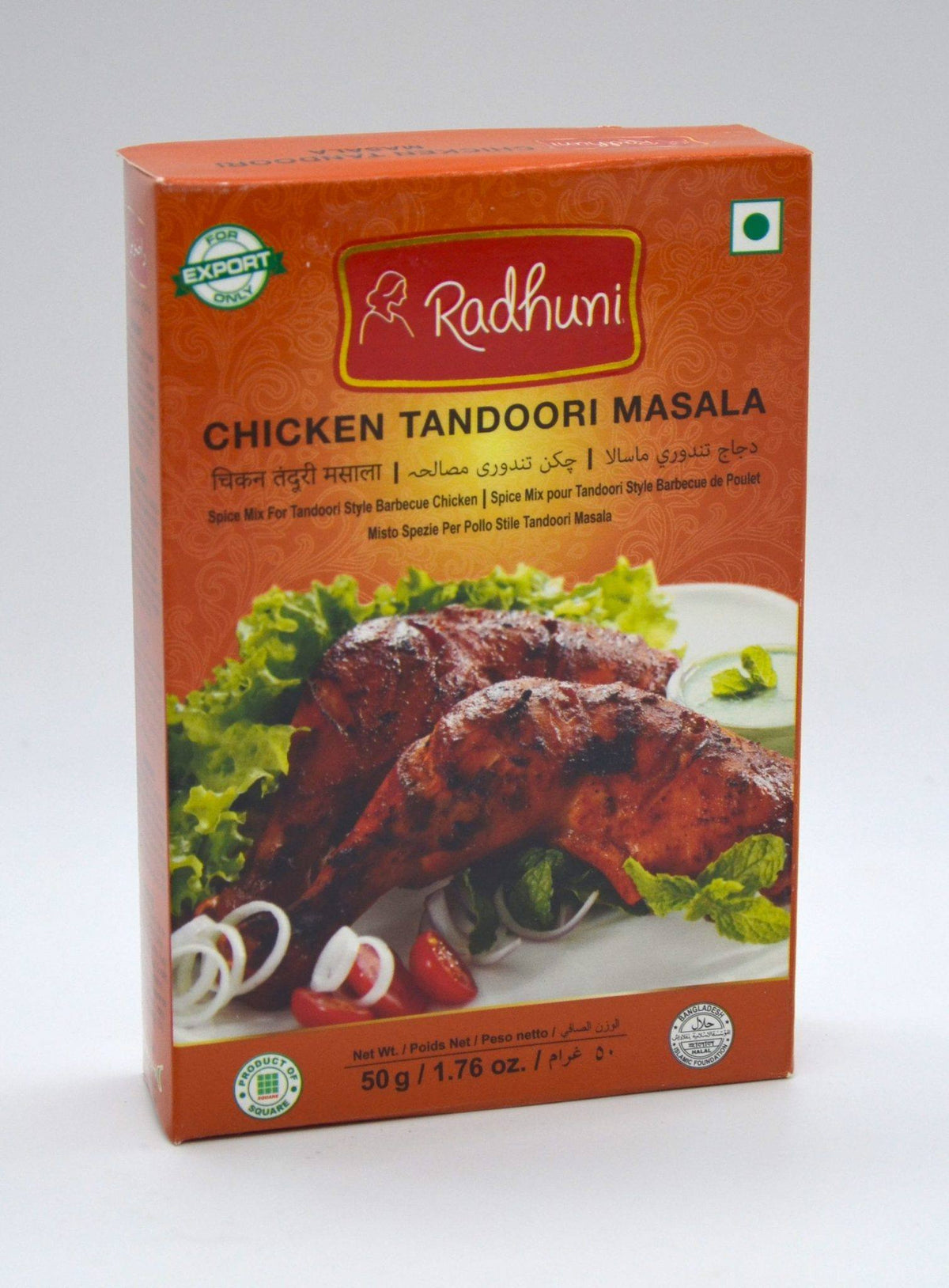Box of Radhuni Chicken Tandoori Masala with images of roasted chicken and vegetables on a white background