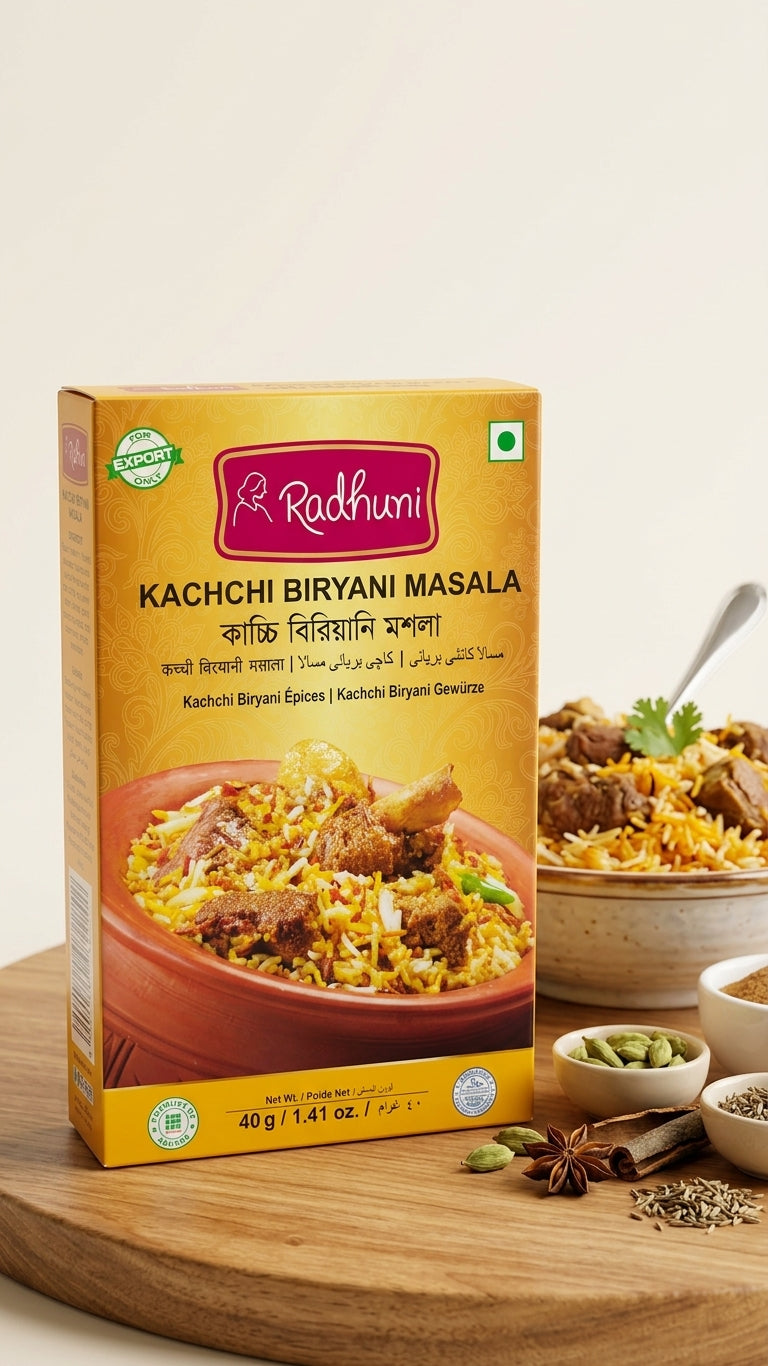 A box of Radhuni Kachchi Biryani Masala sits on a wooden board with a bowl of prepared biryani and small bowls of spices in the background.