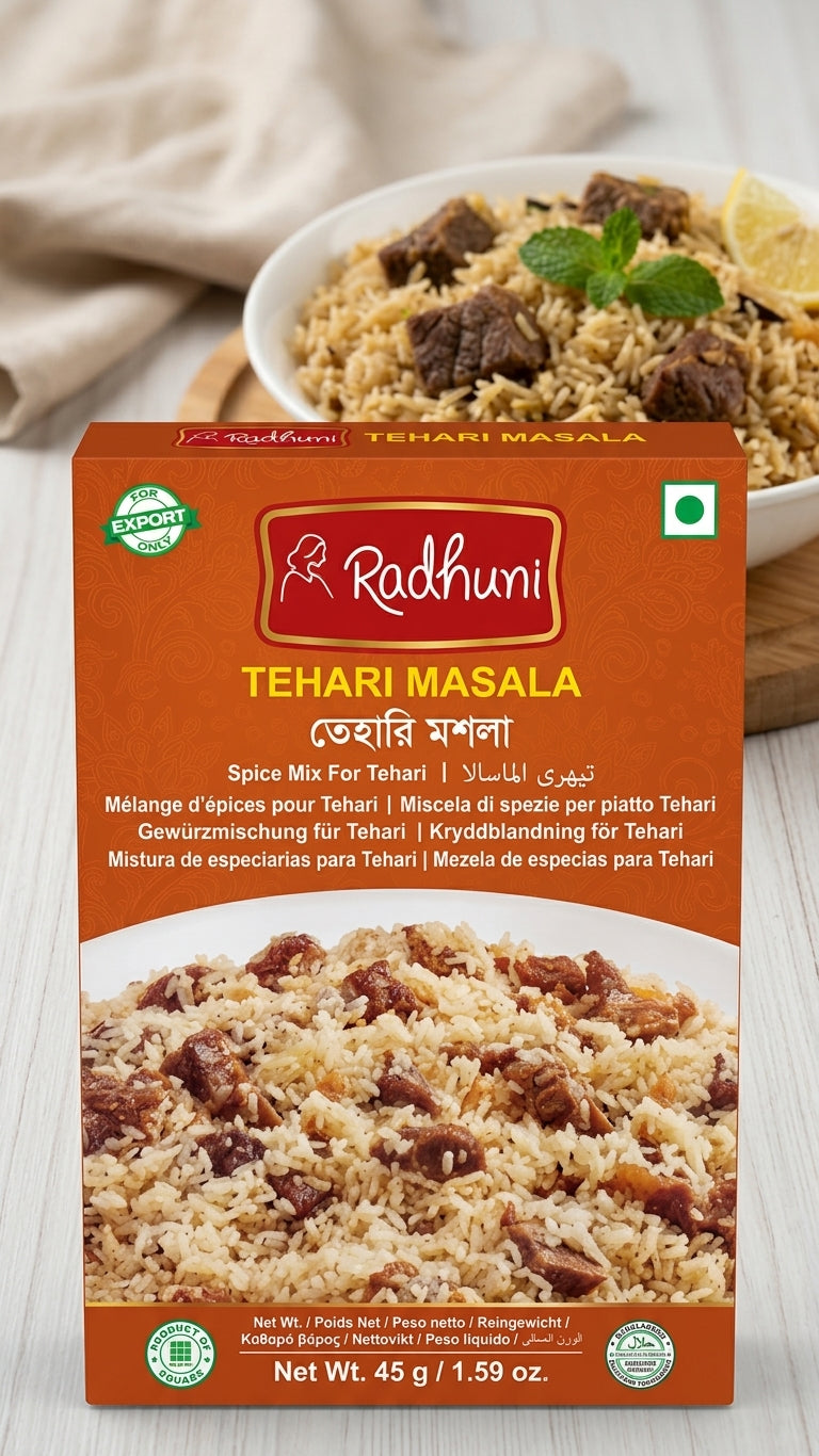 A box of Radhuni Tehari Masala spice mix for tehari rice, shown in front of a bowl of prepared rice with meat and mint on a light wooden surface.