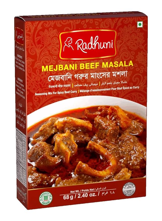 A package of Radhuni Mejbani Beef Masala, showing the product name and an image of the beef curry with pieces of meat visible.
